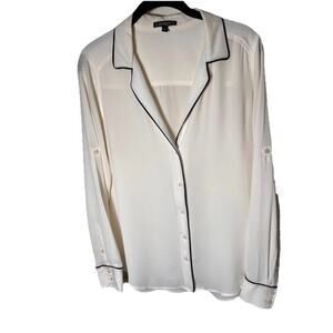 Express Women's White Button Front Blouse M Black Trim Pajama Style Blouse